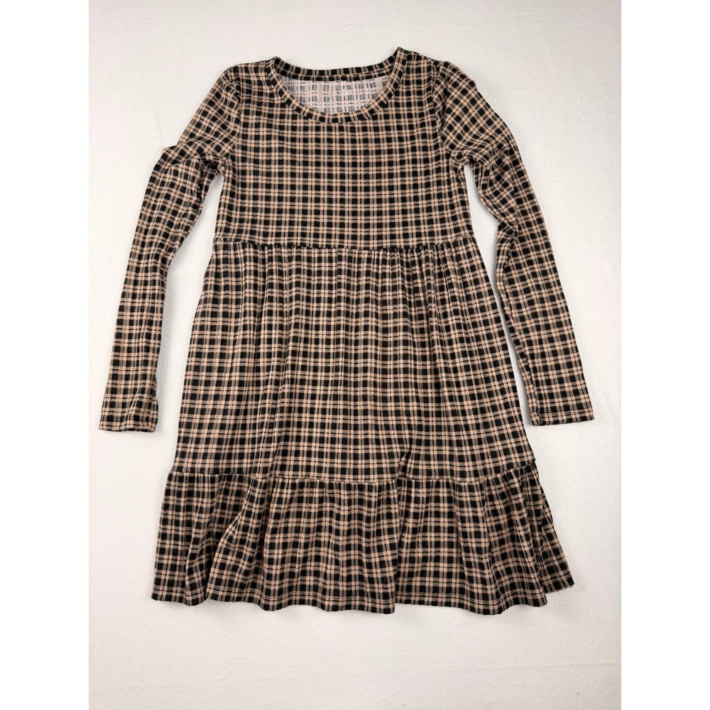 SO Womens‎ Long Sleeve Plaid Babydoll Dress Tan Black Ribbed Tiered Small